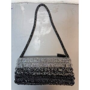 Lancôme Sparkling Beaded Clutch Purse Evening Bag Iridescent Ombre Black Silver